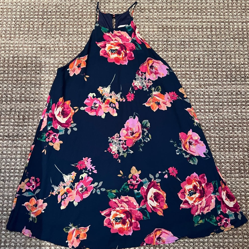 Navy Blue floral print Everly sleeveless high neck dress